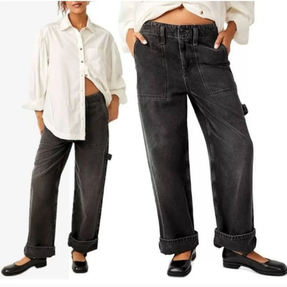 Free People Major Leagues Black Wide Leg Cuff Jeans Size 26 - Picture 3 of 15